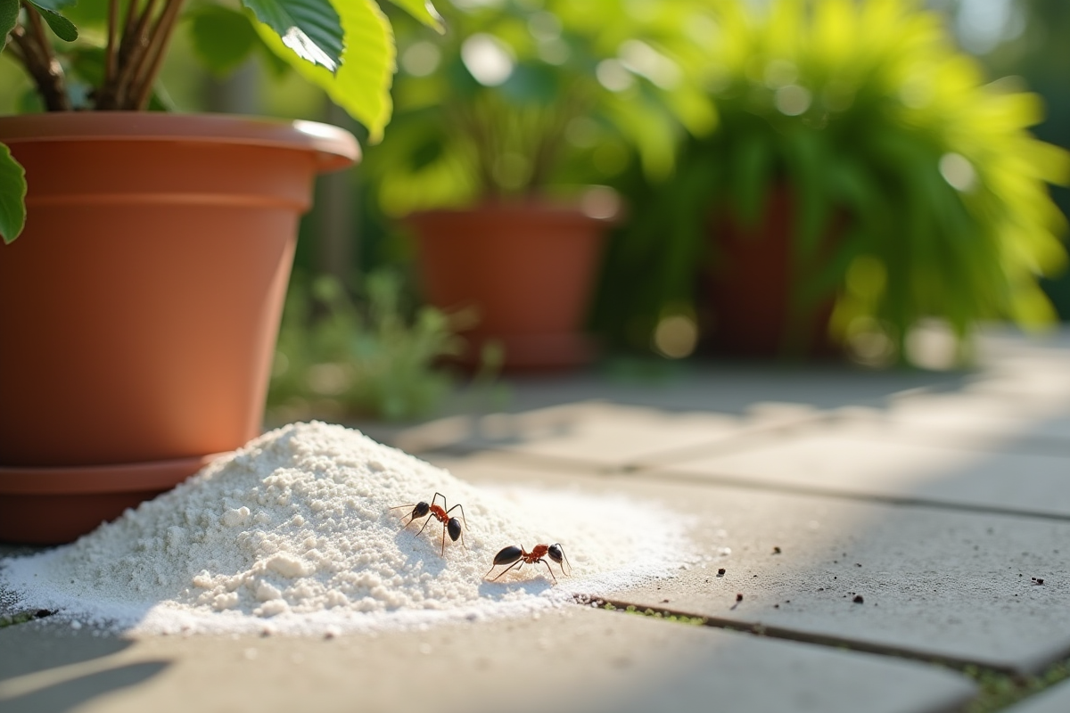 Jardin avec trace de fourmis et poudre blanche autour d
