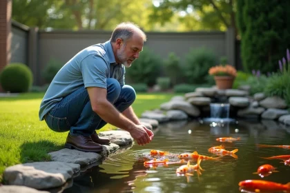 Homme d'âge moyen observant un bassin de koi dans un jardin paisible