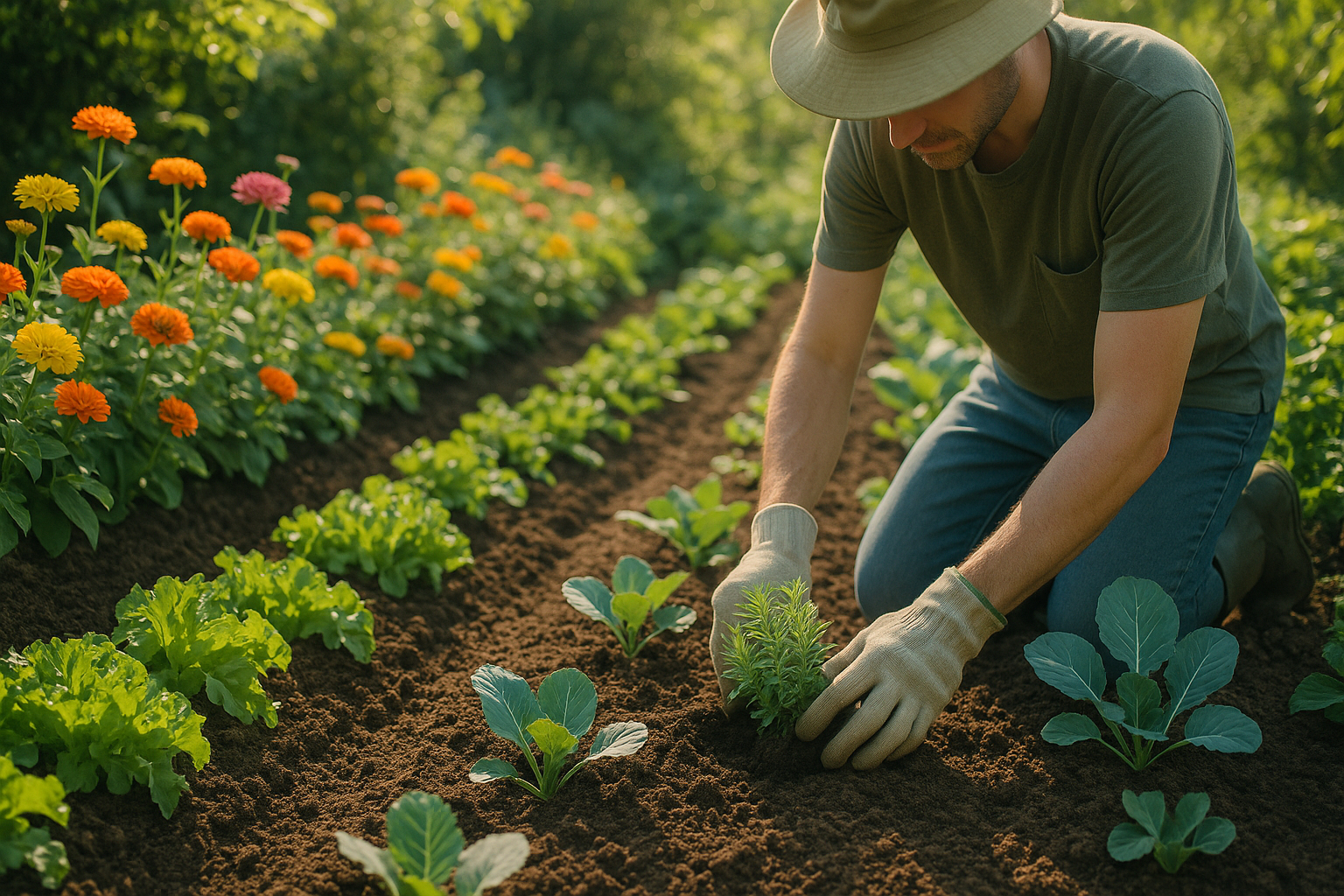 Jardin potager avec un jardinier plantant des aromatiques