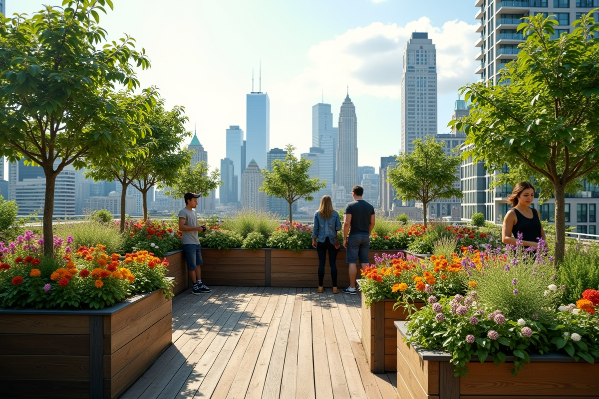 Jardin sur le toit avec fleurs et arbres fruitiers en ville