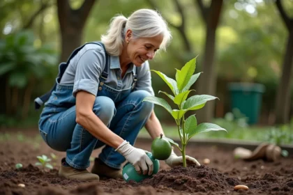 Femme jardinant avec un jeune arbre de goyavier dans un jardin