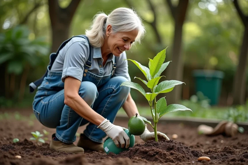 Femme jardinant avec un jeune arbre de goyavier dans un jardin