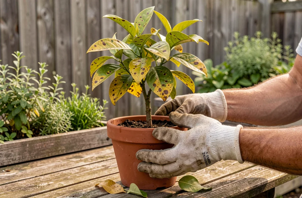 Jardinier examinant un citronnier en pot avec des feuilles qui brunissent et présentent des taches