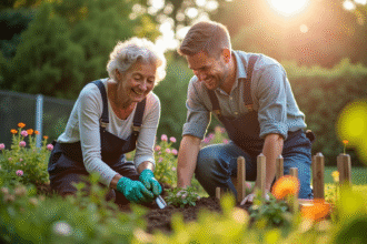 Femme âgée souriante et jeune jardinier plantant des fleurs dans le jardin