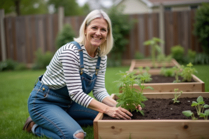 Femme en salopette plante des herbes dans un jardin