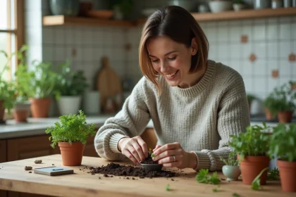 Femme plantant des graines de persil dans une cuisine chaleureuse