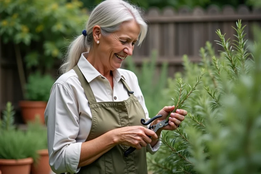Femme en jardinage prune un romarin dans un jardin