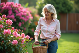 Femme en jardinage taillant des oleanders roses