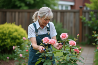 Femme d'âge moyen prune un rosier dans un jardin paisible