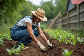 Femme en overalls semant des haricots dans son jardin