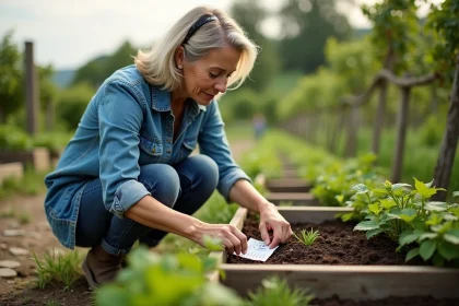 Femme jardinant en extérieur avec calendrier lunaire
