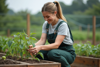 Femme en tenue de jardinage attachant une tomate