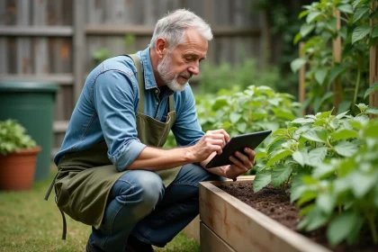 Jardinier amateur consultant l'application Jardipedia sur une tablette dans son potager en fin d'été