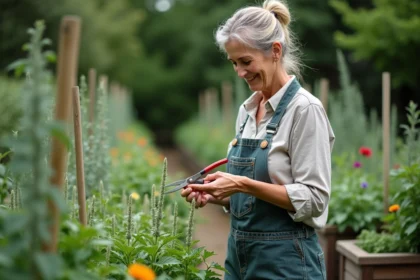 Femme en jardinage prune la sauge dans le jardin