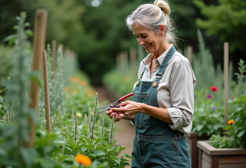 Femme en jardinage prune la sauge dans le jardin