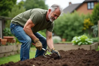 Jardinier utilisant une grelinette de type brico dépôt pour ameublir la terre d'un potager bien entretenu