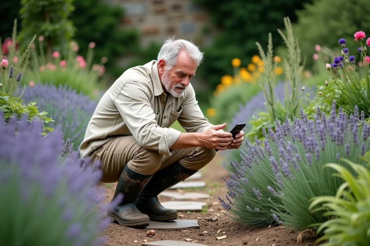 Jardinier expérimenté identifiant une plante avec son smartphone dans un jardin de plantes aromatiques et vivaces bien établi