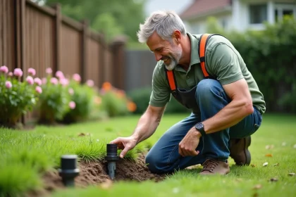 Homme moyen âge inspectant un système d'irrigation dans le jardin