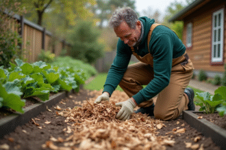 Homme d'âge moyen mulchant la terre de son jardin
