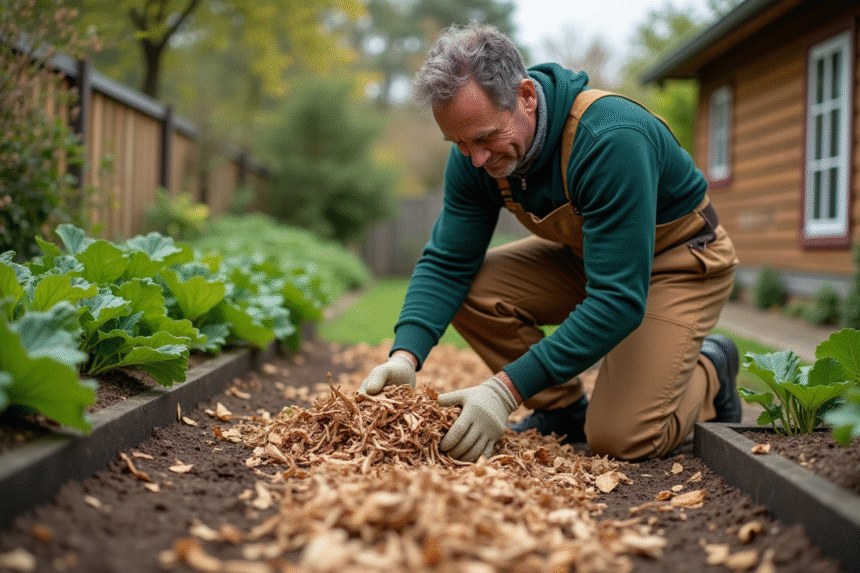 Homme d'âge moyen mulchant la terre de son jardin