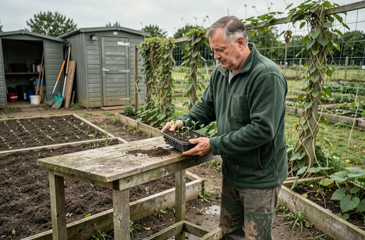 Jardinier amateur inspectant des semis sur un établi en bois dans un jardin ouvrier, expérience utilisateur Jardinot