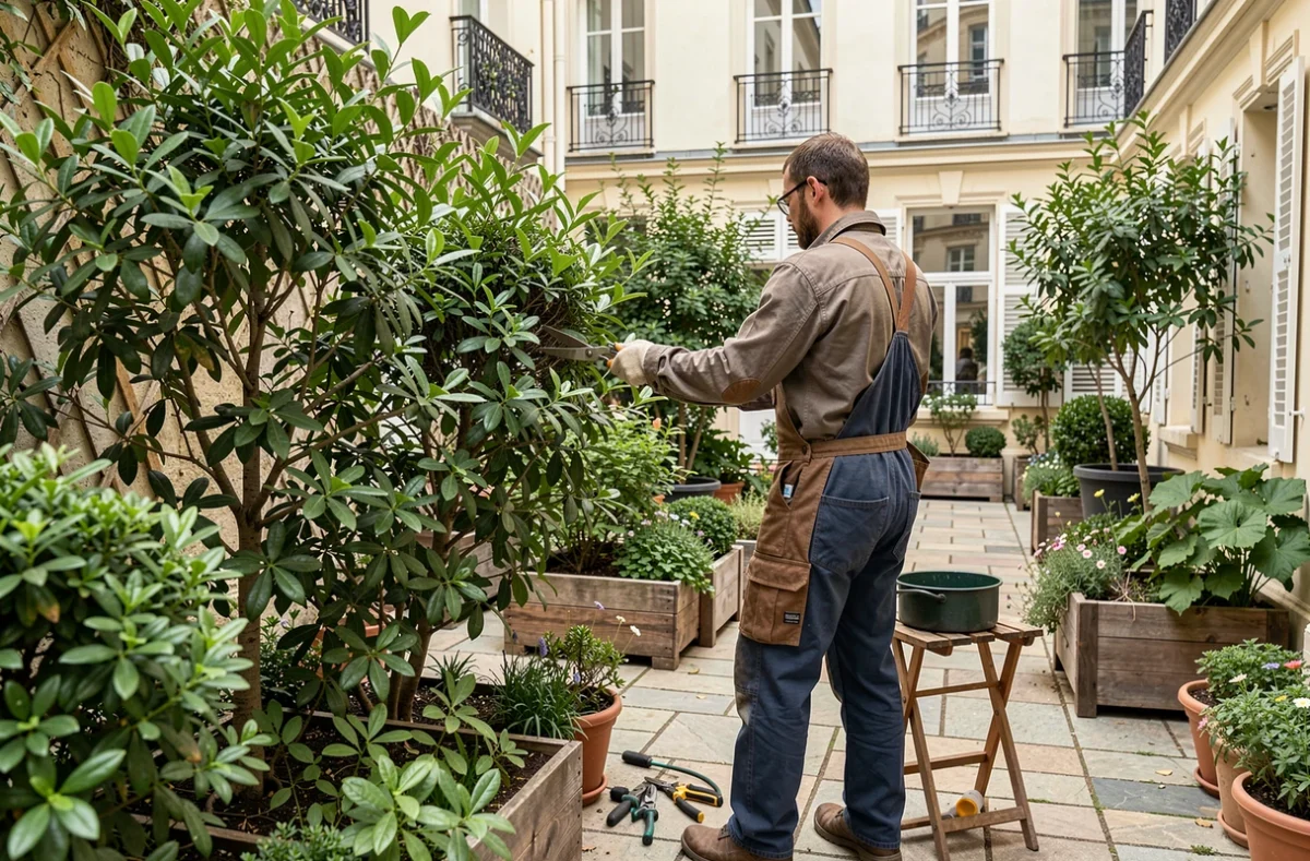 Jardinier taillant des arbustes dans un jardin de cour parisien