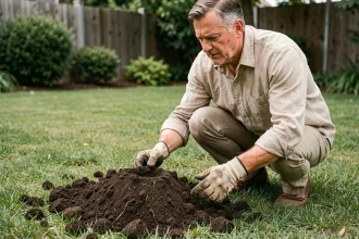 Jardinier examinant une taupinière fraîche sur une pelouse verte dans un jardin suburban
