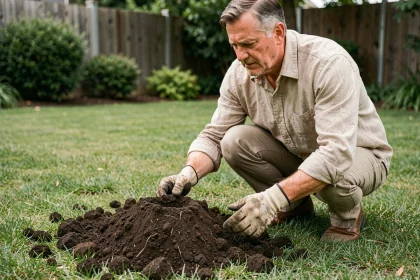 Jardinier examinant une taupinière fraîche sur une pelouse verte dans un jardin suburban