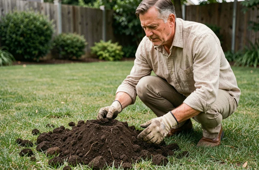 Jardinier examinant une taupinière fraîche sur une pelouse verte dans un jardin suburban