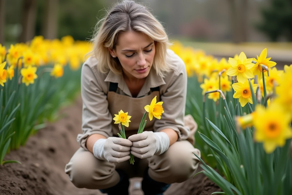 Femme jardinière tenant une jonquille et un narcisse dans un jardin printanier, comparant les deux fleurs avec attention