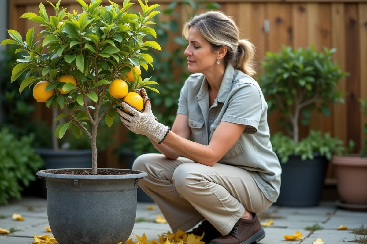 Femme jardinière examinant les feuilles jaunissantes de son citronnier en pot dans un jardin au printemps