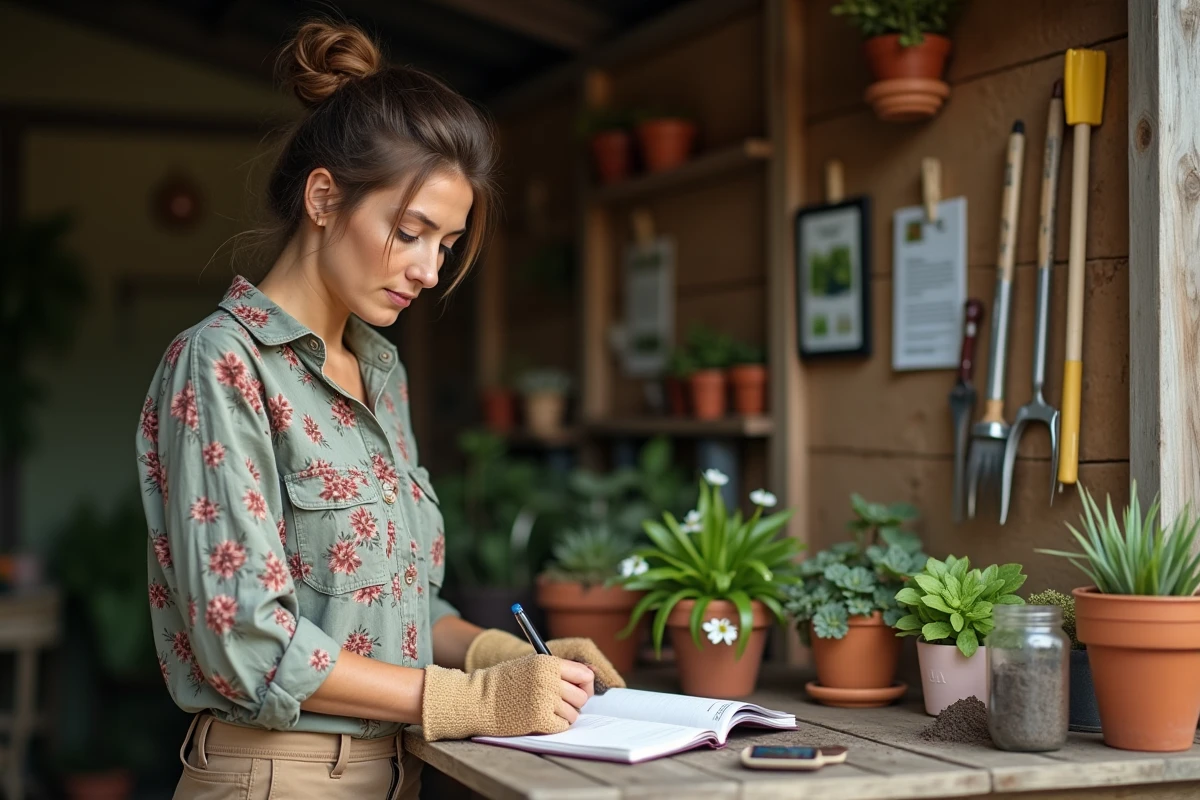 Jardinière amateur prenant des notes de jardinage avec l'aide d'une application mobile sur son établi de jardinage