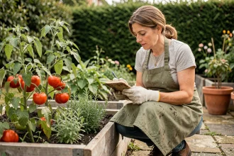 Jardinière expérimentée consultant ses notes dans un potager surélevé, illustrant les retours d'expérience sur Jardinot.org