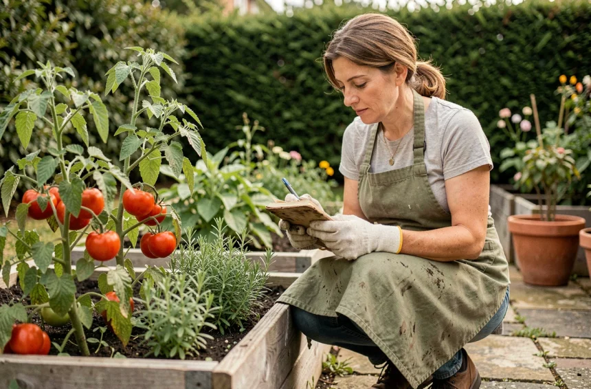 Jardinière expérimentée consultant ses notes dans un potager surélevé, illustrant les retours d'expérience sur Jardinot.org