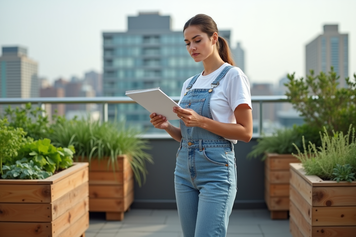 Jeune femme jardiniere avec carnet dans un jardin urbain
