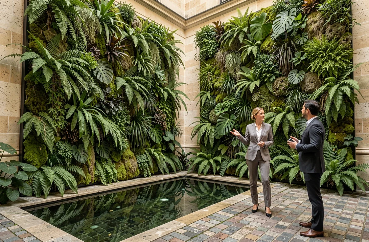 Installation de murs végétaux par Jardins de Babylone dans une cour intérieure parisienne avec bassin ornemental
