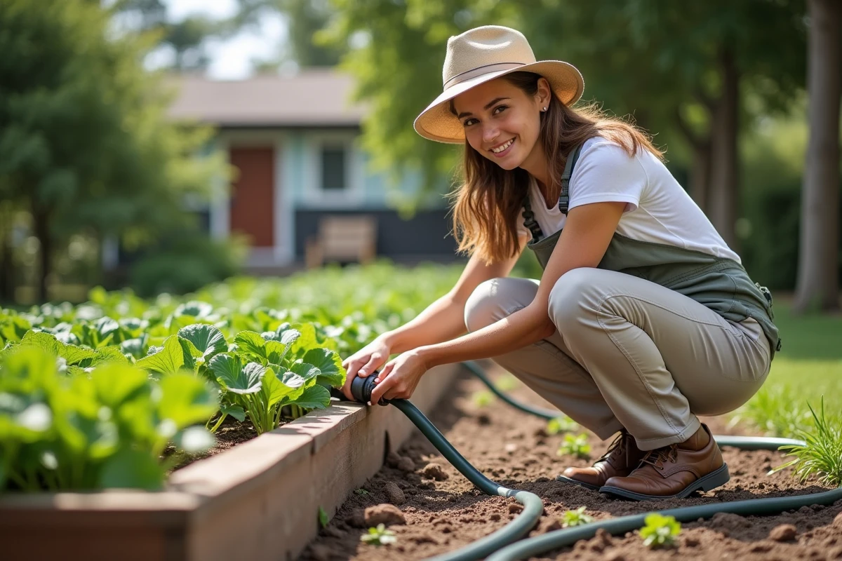 Jeune femme arrosant un lit de légumes avec un tuyau d