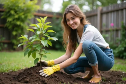 Femme plantant un jeune arbuste de goyavier dans le jardin