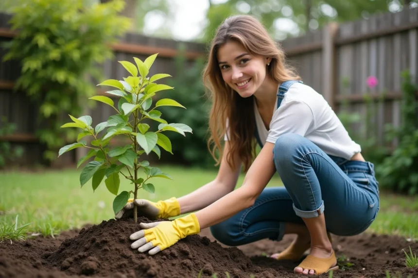 Femme plantant un jeune arbuste de goyavier dans le jardin
