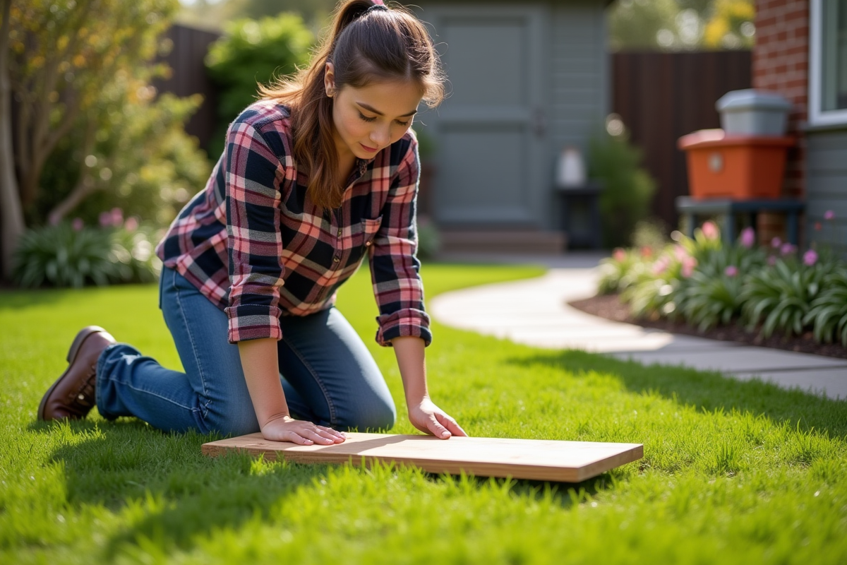Jeune femme en jeans nivele la pelouse avec une planche en bois
