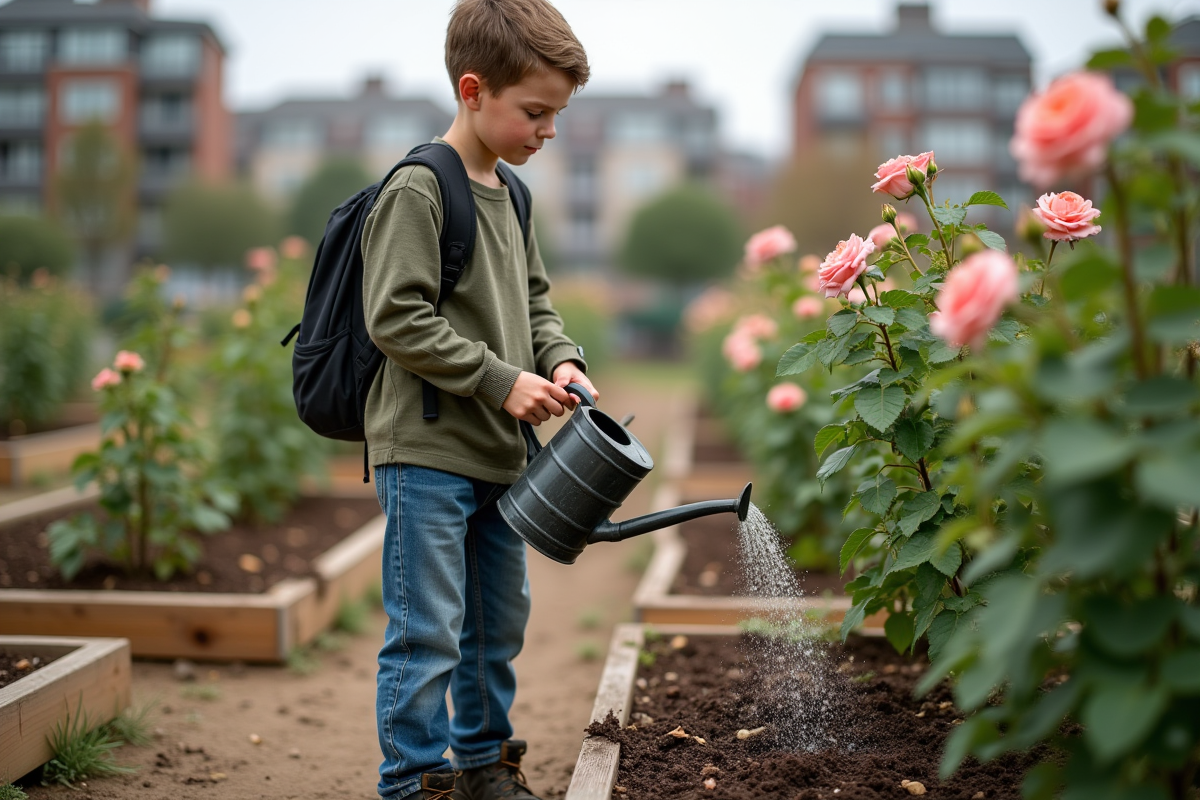 Garçon versant du compost dans un jardin communautaire