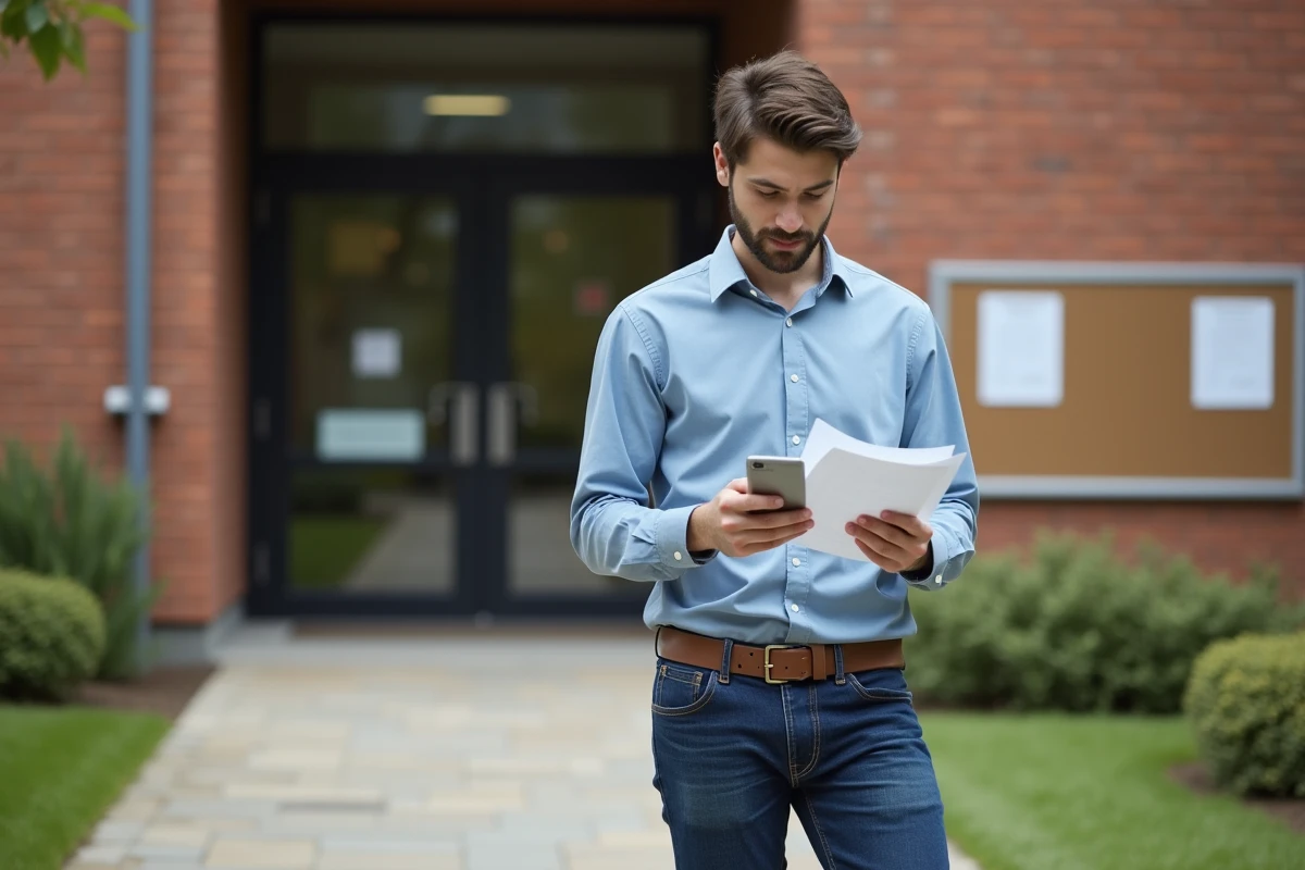 Jeune homme vérifiant des documents devant un bâtiment