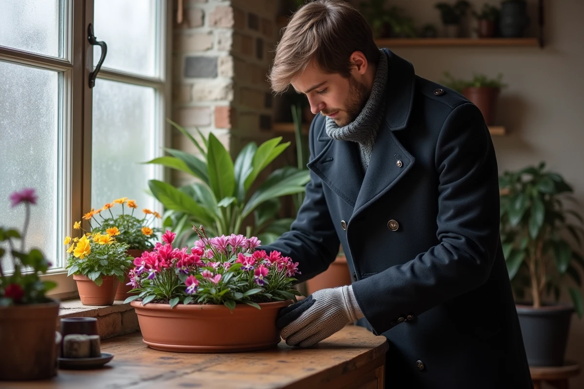 Jeune homme arrangeant des fleurs dans un pot en intérieur