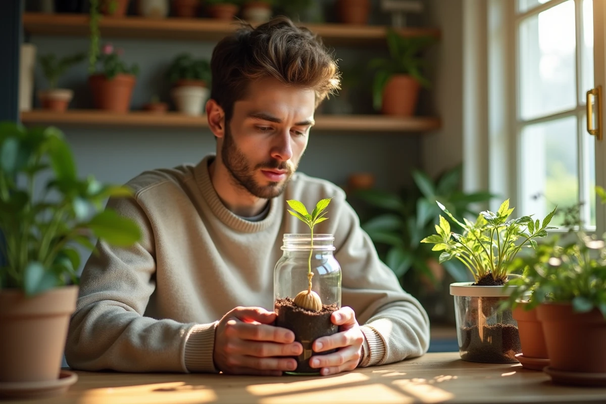 Jeune homme examinant une noix dans la cuisine chaleureuse