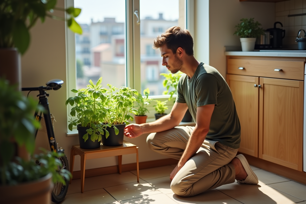 Jeune homme cultivant des vegetables en cuisine lumineuse