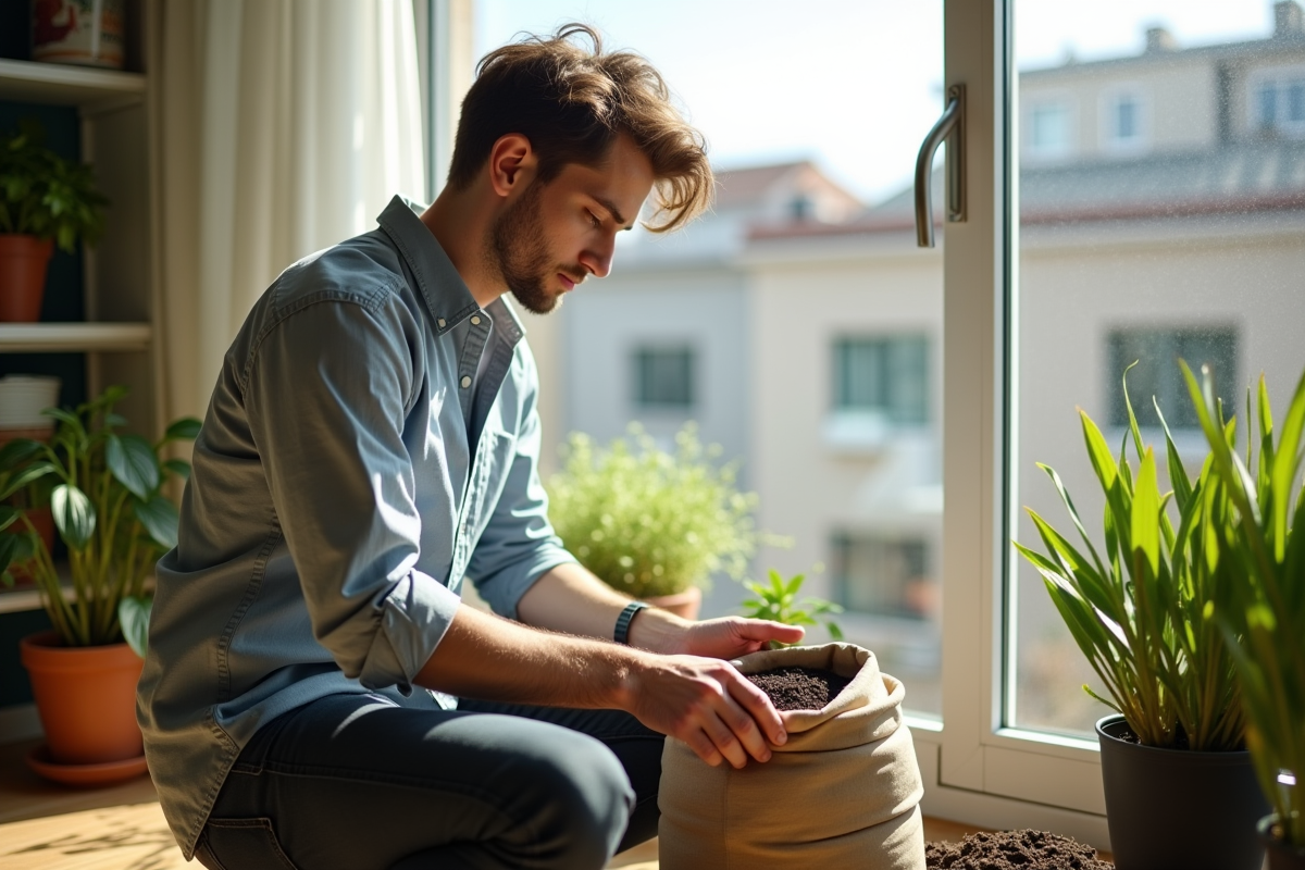 Jeune homme préparant du terreau près d