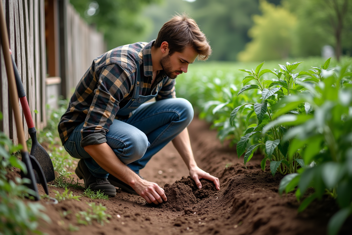 Jeune homme inspectant le paillage autour des poivrons