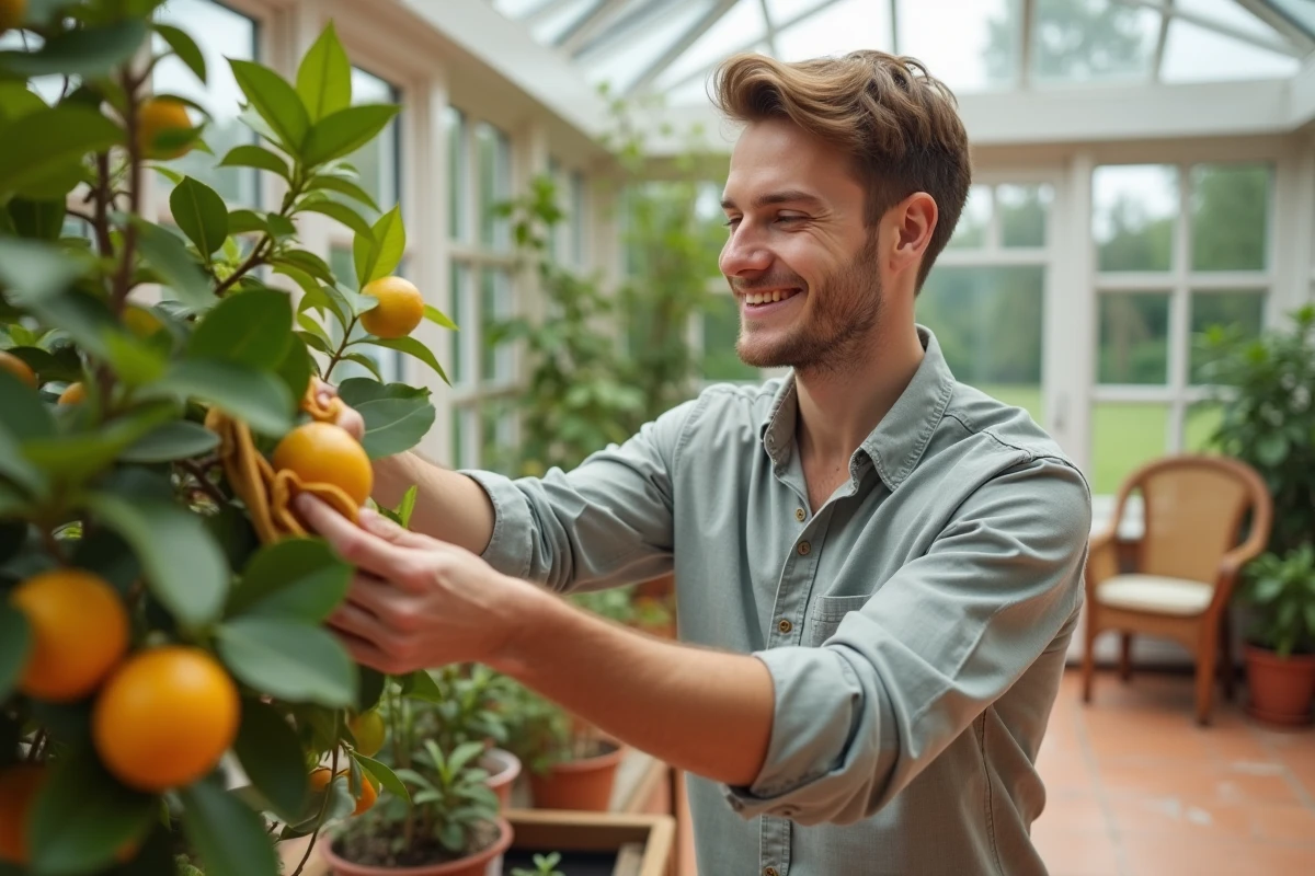 Jeune homme nettoyant les feuilles d