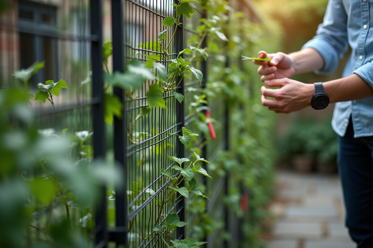 Jeune homme attachant des plantes grimpantes à une clôture urbaine
