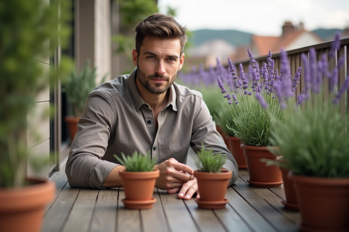 Jeune homme sur une terrasse avec des pots de lavande
